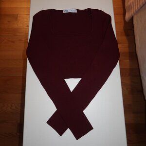 Zara Red Square Neck Long Sleeve Crop Top